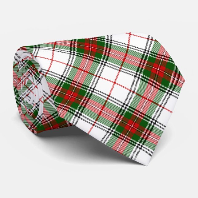 Corbata Stuart / Stewart tartan blanco rojo platillo verde (Enrollado)