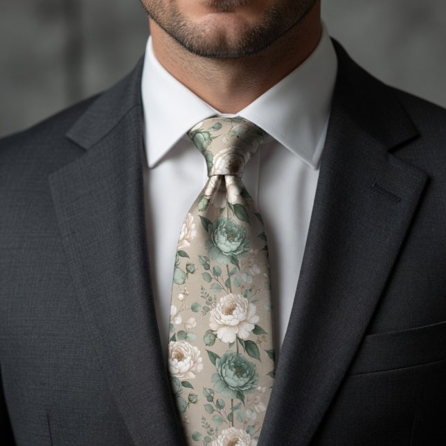 Corbata Suave Floral Verde y Blanco de Salvia (Subido por el creador)