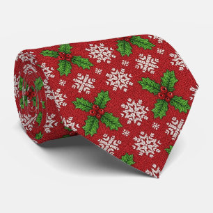 Corbata Suéter rojo de Navidad de punto de acebo y copo de