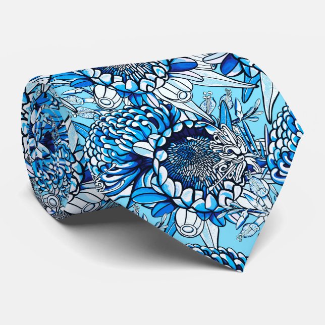 Corbata Summer Blue Waratah Florals (Enrollado)