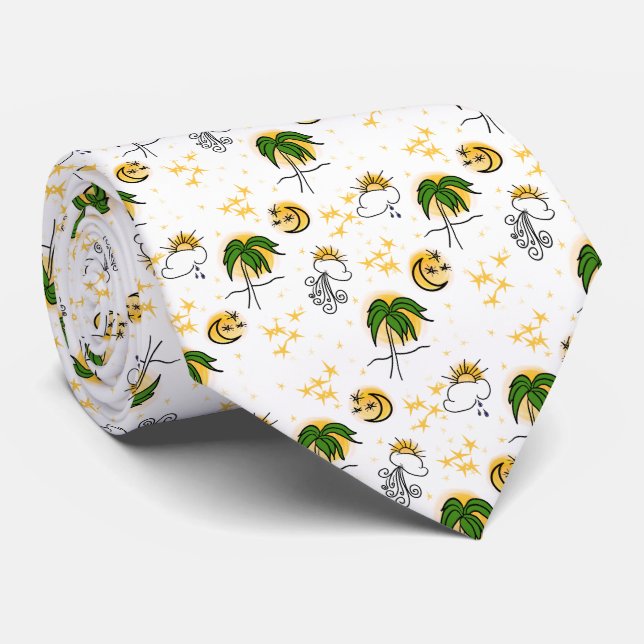 Corbata Sunny Yellow Suns, Stars and Moon with Green Palm (Enrollado)