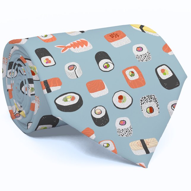 Corbata Sushi (Japanese sushi sashimi maki roll design on a blue neck tie)