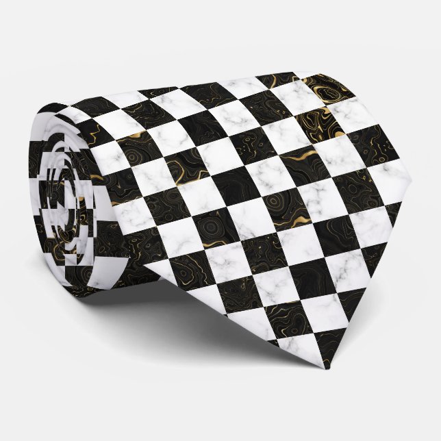 Corbata Tablero blanco negro y dorado (Enrollado)