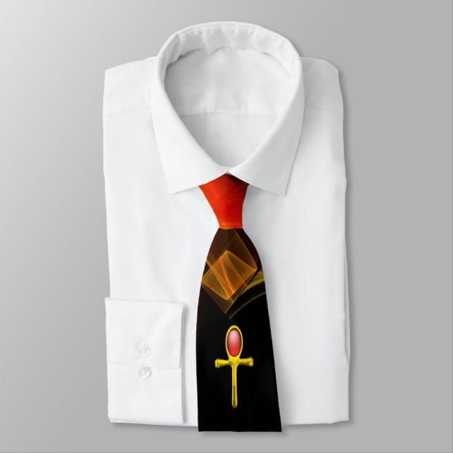 CORBATA TALISMAN ROJO, ANKH ORO, ONDAS FRACTALES NARANJAS, (Atado)