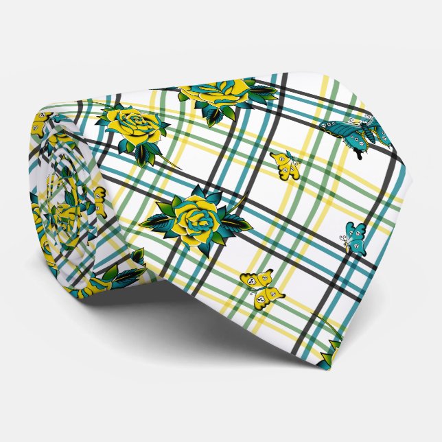 Corbata Tatuaje Verde azulado amarillo Rosa mariposas crán (Enrollado)
