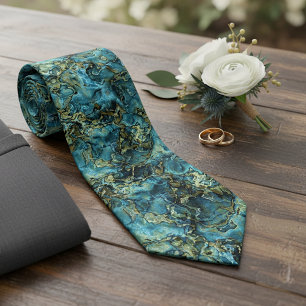 Corbata Teal Turquoise Blue Green Faux Gold Agate Pattern