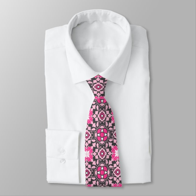 Corbata Teja marroquí floral, rosado fucsia y gris/gris (Atado)