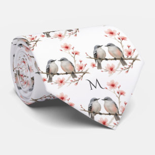 Corbata Tema de pájaros en ramas Monograma Acuarela