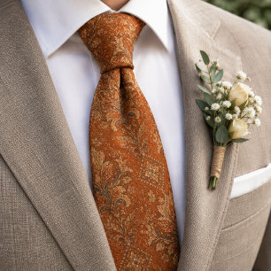 Corbata Terracota Luxuosa Damasco Barroco Floral Oxidado 