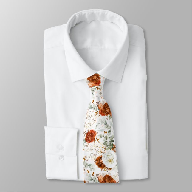 Corbata Terracotta and White Floral Wedding Neck Tie (Atado)