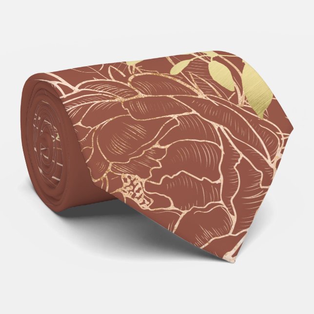 Corbata Terracotta y Faux Gold Peony Boda floral moderno (Enrollado)