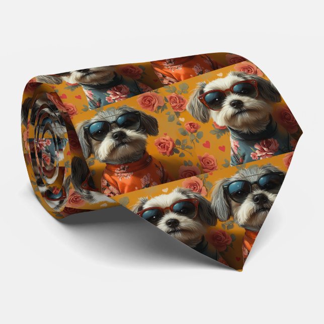 Corbata Terrier Tibetano con Rosas del Corazón Día de San  (Enrollado)