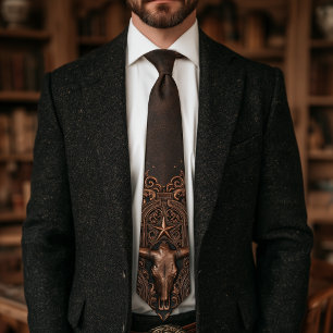 Corbata Texas Longhorn Estrella Solitaria Bronce Cuero Fil