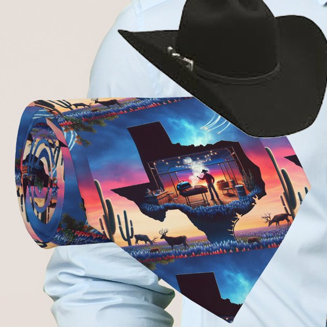 Corbata Texas Shape BBQ Pit Cowboy Deer Sunset (Beautiful Texas Scene with a cowboy cooking on the grill with a sunset background.)