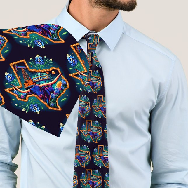 Corbata Texas Shape Longhorn Oil Pump Bluebonnets (Texas Themed Necktie Colorful Longhorn Steer and Bluebonnets in the shape of Texas)