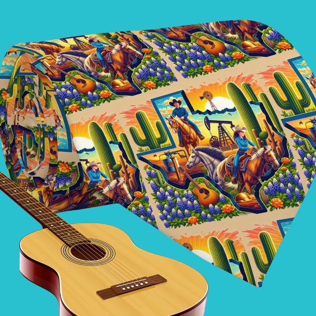 Corbata Texas Shape Oil Bmp Cowboy Guitarra De Caballo (Texas necktie with cowboy, cowgirl, horses, oil pump, guitars and bluebonnets.)