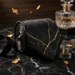 Corbata Textura de mármol negro simple con vetas de oro su