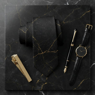 Corbata Textura de mármol negro simple con vetas de oro su