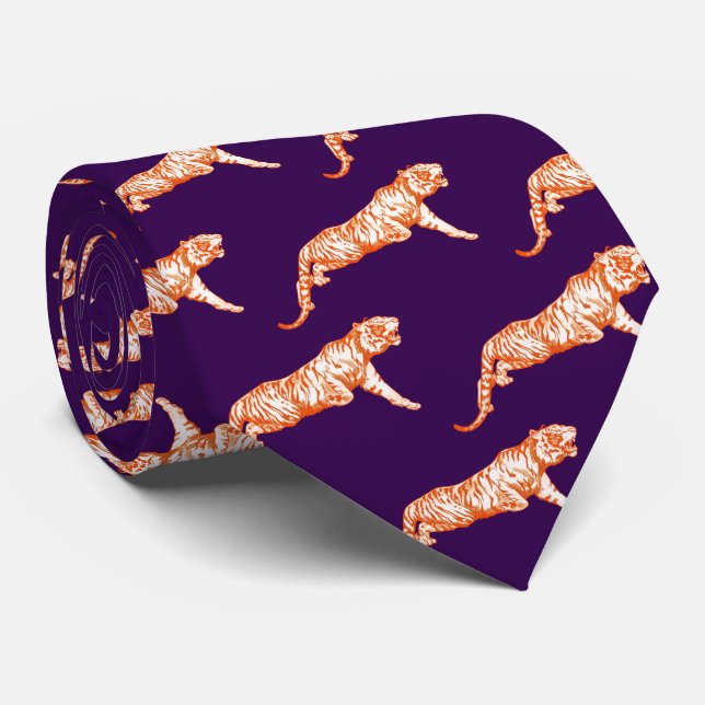 Corbata Tigre moderno y moderno Naranja sobre morado oscur (Enrollado)