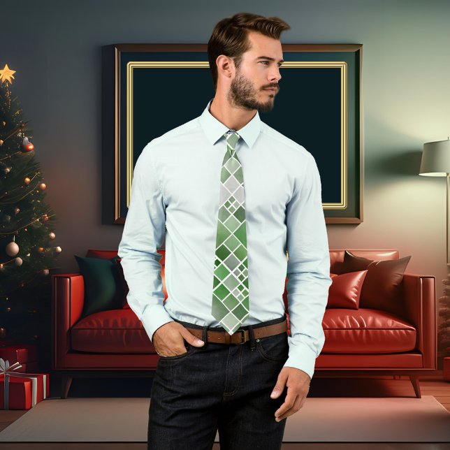 Corbata Tira de diseño de acuarela verde (A modern design tie featuring a checkered pattern with a watercolor effect in green grey hues)