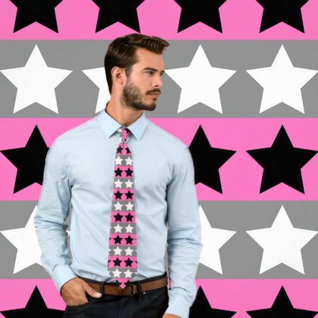 Corbata Tira de rayas rosadas, grises, blancas y negras co (Man wears a Hot Pink, Gray, White & Black Striped Tie w/ Stars
)