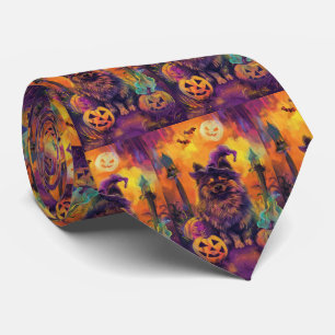 Corbata Tocante Perro Keeshond Halloween Bruja Y Calabaza