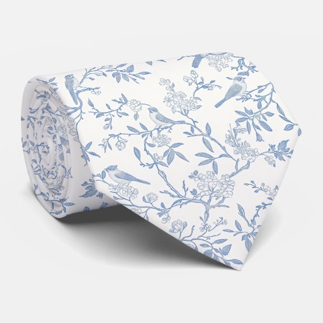 Corbata toile de jouy pájaros azules (Enrollado)