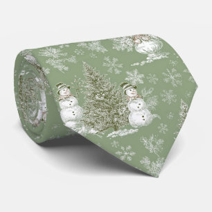 Corbata Toile de Navidad de Hombre de Nieve Verde Salvia V
