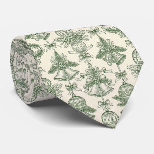 Corbata Toile Verde de Navidad Campanas y Adornos Patrón