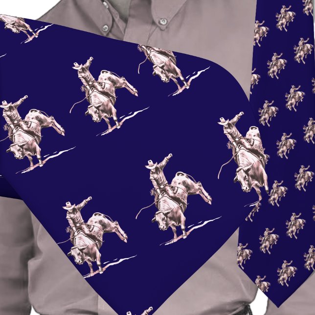 Corbata Toro de Rodeo Occidental monta bronce en azul (Western Rodeo Cowboy Bull Rider Men's Necktie)
