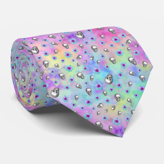 Corbata Totenköpfe und Regenbogen-Sonnenblumen Motiv 8 (Enrollado)