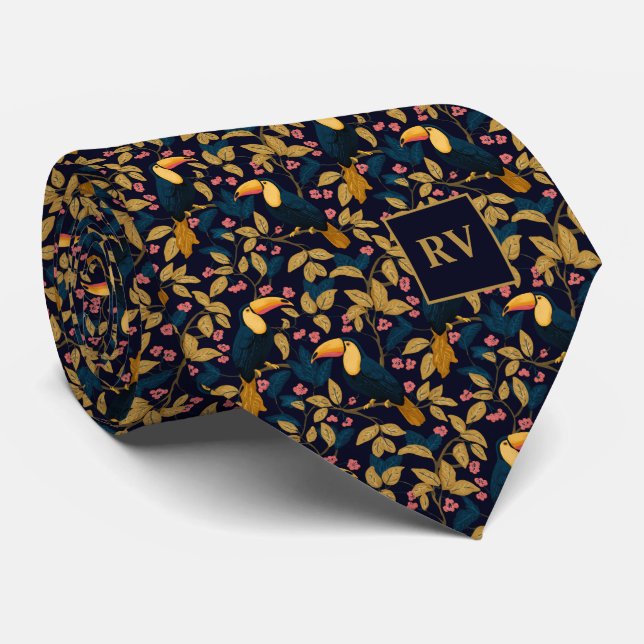 Corbata Toucan Foliage on Navy Blue (Enrollado)