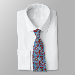 Corbata Tradicional Paisley Linocut Rojo Azul Blanco