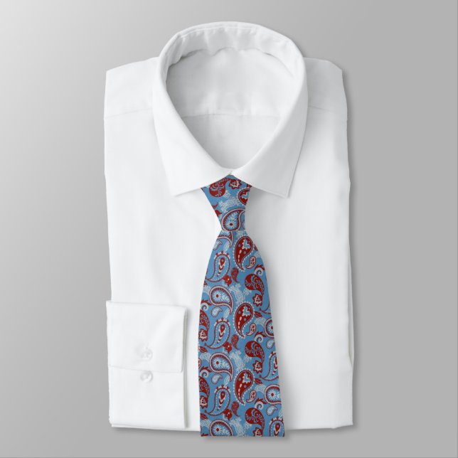 Corbata Tradicional Paisley Linocut Rojo Azul Blanco (Atado)