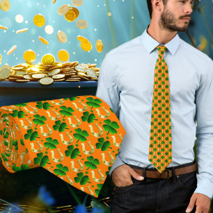 Corbata Trebol de la Suerte Herraduras Patrón Naranja