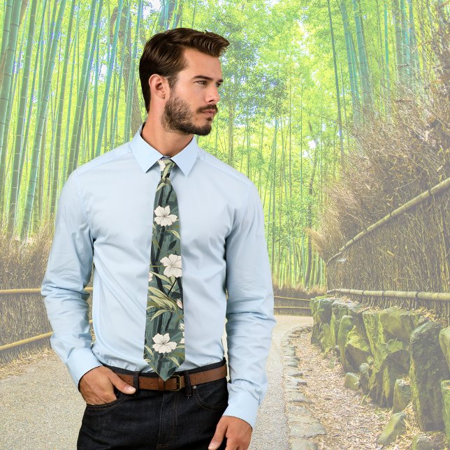 Corbata Tropical Flower Chinoiserie Asian Dusty Teal Print (Subido por el creador)