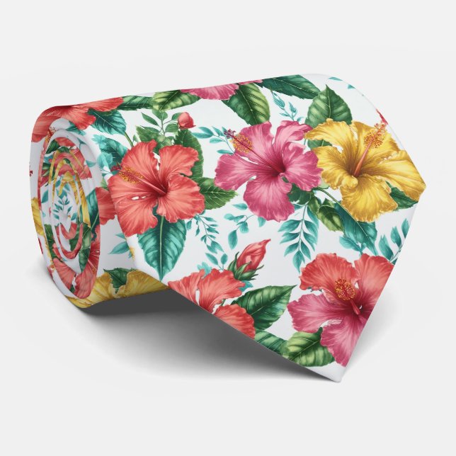 Corbata Tropical Hibiscus Garden Floral Pattern (Enrollado)