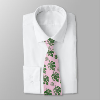 Corbata Tropical Leaves Pattern Green on Pink 
