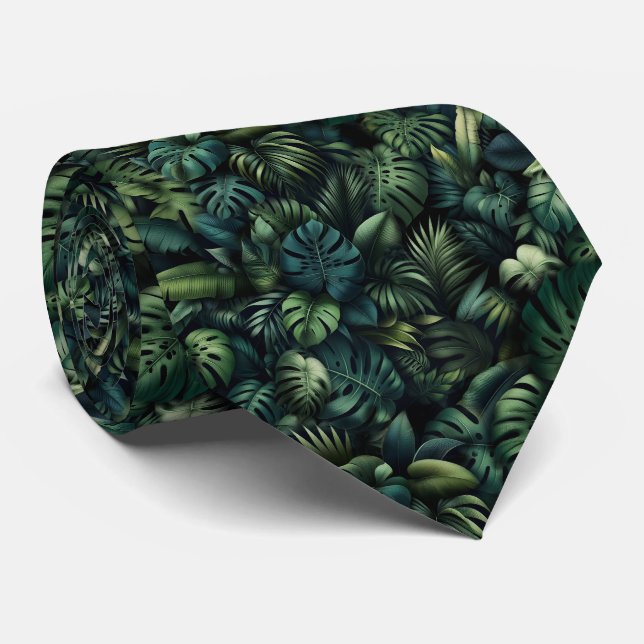 Corbata Tropical Monstera Botanical Green Jungle Print (Enrollado)