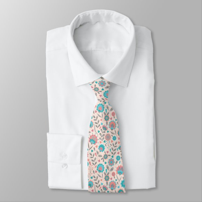 Corbata Trullo y estampado de flores coralino del arte (Atado)