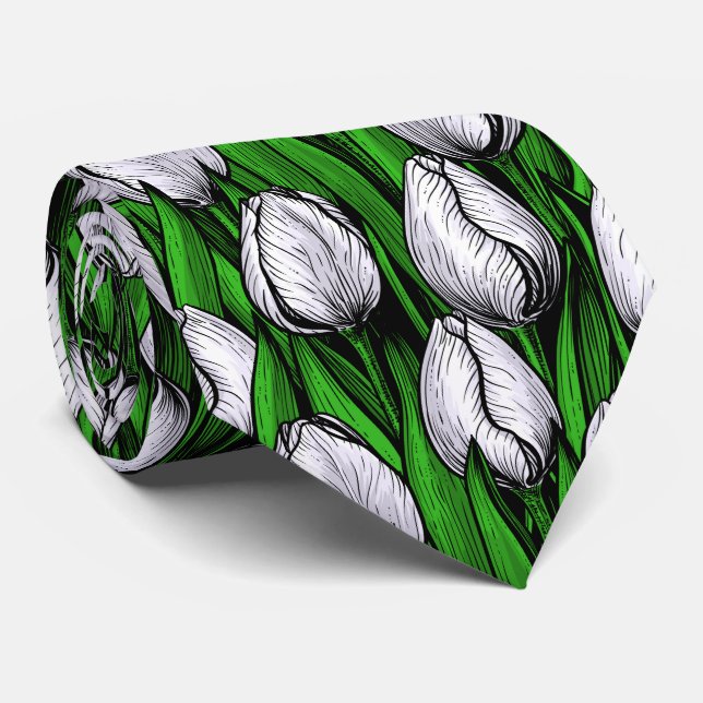 Corbata Tulipanes blancos con hojas verdes (Enrollado)