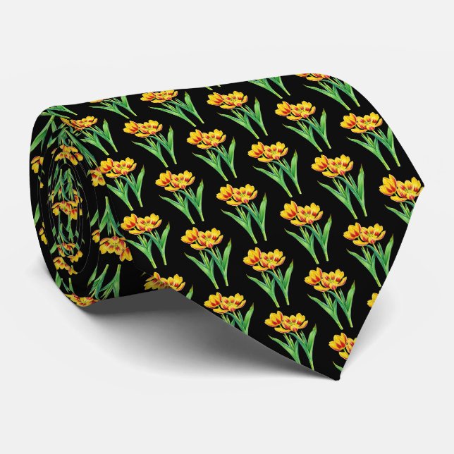 Corbata Tulipanes sobre negro (Enrollado)