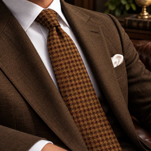 Corbata Tweed Houndstooth Marrón Caramelo Dinero Antiguo