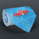 Corbata Vacaciones de invierno de vintage Red Truck Dog<br><div class="desc">Hermoso arte acuático con fondo azul invernal,  un camión rojo vintage con dos perros blancos y negros. Ideal para las vacaciones.</div>