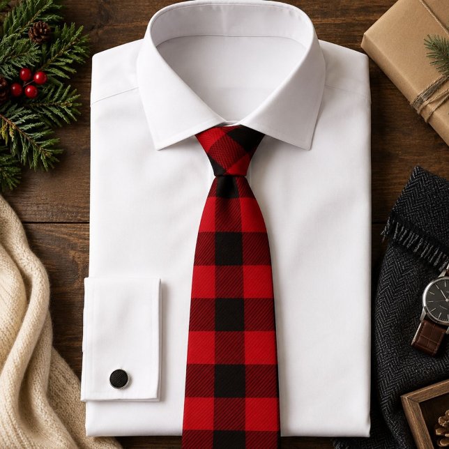 Corbata vacaciones de invierno rústicas cuadros rojo y neg (rustic winter holiday red black buffalo plaid neck tie)
