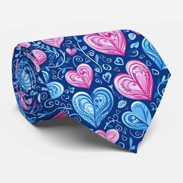 Corbata Valentine's Pretty Blue and Pink Hearts (Enrollado)