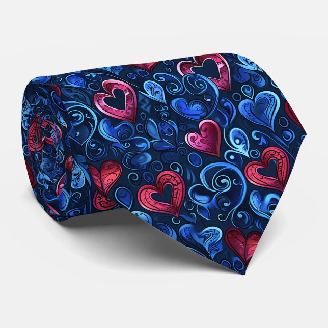 Corbata Valentine's Pretty Blue and Red Hearts (Enrollado)