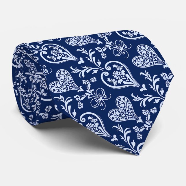 Corbata Valentine's Pretty Navy WhiteHand Drawn Hearts (Enrollado)