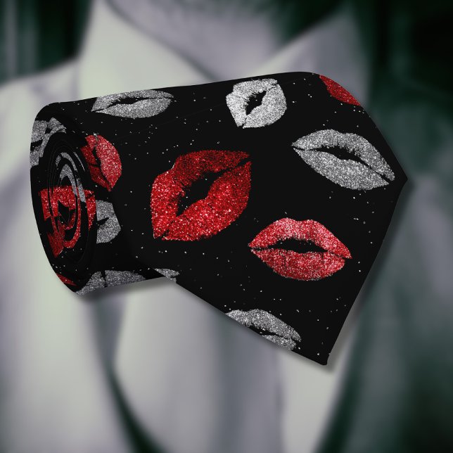 Corbata Valentines Red Silver Glitter Lips on Black  (Subido por el creador)