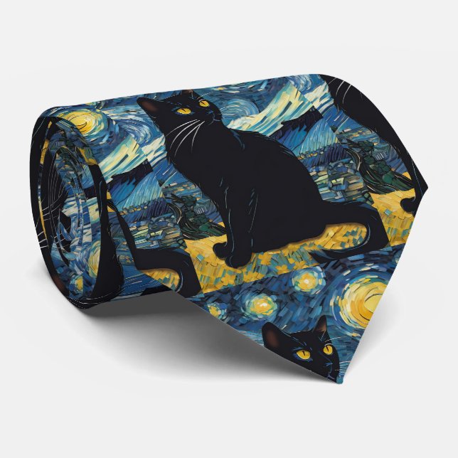 Corbata Van Gogh Noche Estrellada Gato Negro (Enrollado)